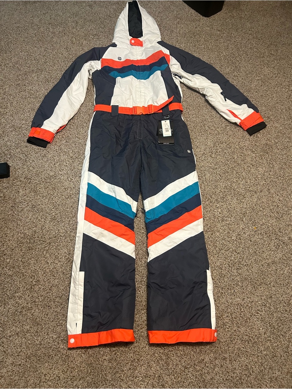 NWT Tipsy Elves Men’s Traverse Ski Suit – White/Grey/Orange/Navy/Teal – Size M